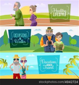 Old Couple Horizontal Banners . Old couple horizontal banners with sports traveling and journey activities in cartoon style vector illustration