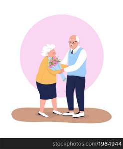 Old couple on date 2D vector isolated illustration. Old man presenting floral arrangement to wife flat characters on cartoon background. Showing affection and care with bouquet colourful scene. Old couple on date 2D vector isolated illustration