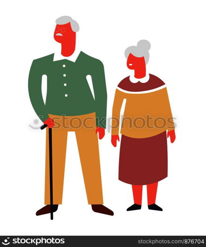 Old couple on walk with cane cartoon character. Husband and wife with grey hair. Grandmother in dress and grandfather with stick. Granny and grandpa together isolated flat vector illustration.. Old couple on walk with cane cartoon character