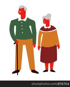 Old couple on walk with cane cartoon character. Husband and wife with grey hair. Grandmother in dress and grandfather with stick. Granny and grandpa together isolated flat vector illustration.. Old couple on walk with cane cartoon character