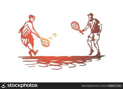 Old, couple, play, tennis, senior concept. Hand drawn old people man and woman play tennis concept sketch. Isolated vector illustration.. Old, couple, play, tennis, senior concept. Hand drawn isolated vector.