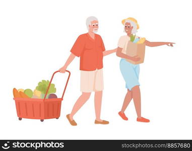 Old couple shopping together semi flat color vector characters. Grocery store. Editable figures. Full body people on white. Simple cartoon style illustration for web graphic design and animation. Old couple shopping together semi flat color vector characters