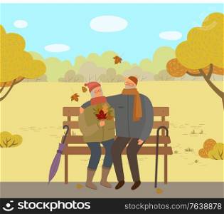Old couple sitting on wooden bench in autumn park illustration. Grandfather and grandmother walking together. Woman holding orange leaves in hands. Vector stick and umbrella in lawn, flat style. People Sitting on Bench in Autumn Park, Old Couple
