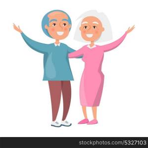 Old Couple Spending Time Together Isolated White. Senior couple spending time together, grandfather in pink sweater and brown trousers and grandmother in pink dress vector illustration isolated on white