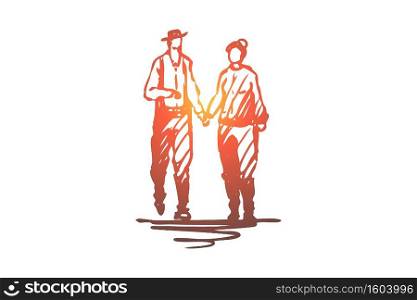 Old, couple, walking, love, together concept. Hand drawn senior couple walking together concept sketch. Isolated vector illustration.. Old, couple, walking, love, together concept. Hand drawn isolated vector.