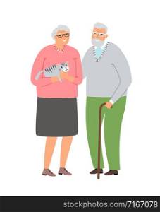 Old couple with cat. Senior age man and woman together with pet, happy elderly family parents couple isolated on white background, vector illustration. Old couple with cat