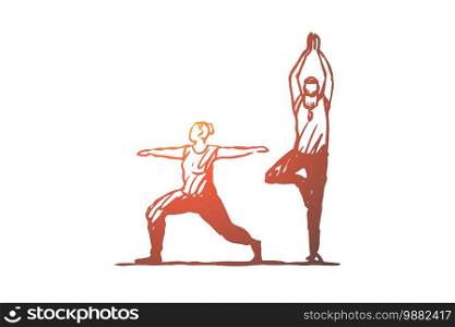 Old, couple, yoga, fitness, exercise concept. Hand drawn sportive couple doing yoga concept sketch. Isolated vector illustration.. Old, couple, yoga, fitness, exercise concept. Hand drawn isolated vector.