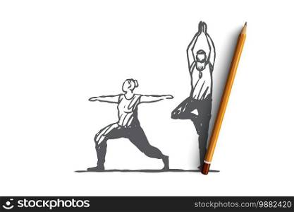 Old, couple, yoga, fitness, exercise concept. Hand drawn sportive couple doing yoga concept sketch. Isolated vector illustration.. Old, couple, yoga, fitness, exercise concept. Hand drawn isolated vector.