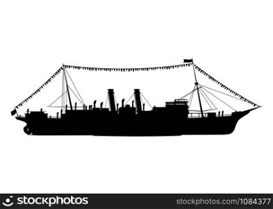 Old cruise ship silhouette. Side view. Flat vector.
