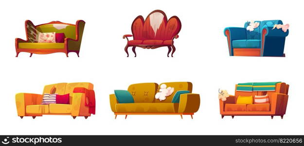 Old dirty couches with torn upholstery and sticking springs. Vector cartoon set of broken furniture for living room, old sofas with pillows and spiderweb isolated on white background. Old dirty couches with torn upholstery and springs