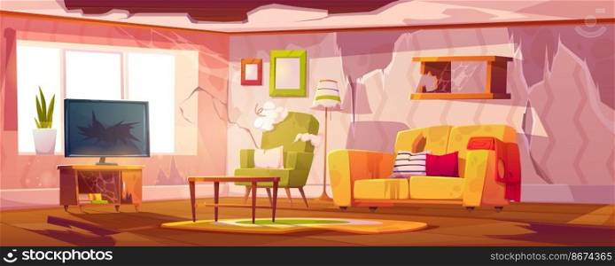 Old dirty living room with broken furniture. Vector cartoon illustration of empty abandoned home interior with mess, torn couch upholstery, crashed television and broken wooden floor. Old dirty living room with broken furniture