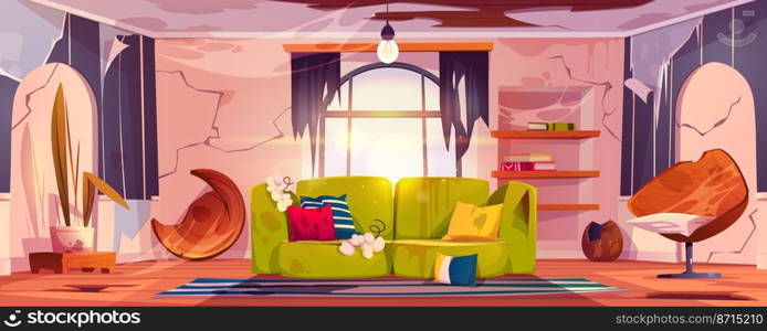 Old dirty living room with broken furniture. Vector cartoon illustration of empty abandoned home interior with mess, torn couch upholstery, crashed chair and broken wooden floor and ceiling. Old dirty living room with broken furniture vector