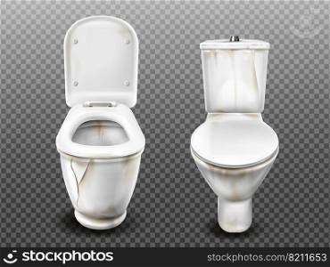 Old dirty toilet bowl with flush tank, open and closed seat lid. Vector realistic broken ceramic lavatory with limescale crust isolated on transparent background. Vector old broken dirty toilet bowl