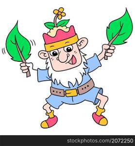 old dwarf grandfather with a happy face playing with leaves