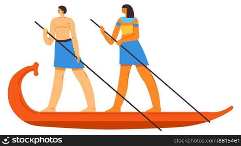 Old egyptian civilization floating on wooden boat, isolated people with oars. Man and woman wearing traditional ancient clothes, traveling and commuting on river nile or sea. Vector in flat style. Ancient egyptian people floating on wooden boat
