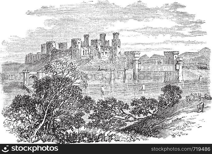 Old engraved illustration of Conway Castle, in North Wales. Build by King Edward between 1283 and 1289. Scan from Trousset Encyclopedia 1886 - 1891. Live trace vector.