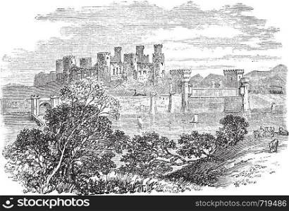 Old engraved illustration of Conway Castle, in North Wales. Build by King Edward between 1283 and 1289. Scan from Trousset Encyclopedia 1886 - 1891. Live trace vector.