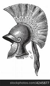 Old engraved illustration of Greek helmet criniere de cheval isolated on a white background. Industrial encyclopedia E.-O. Lami ? 1875.