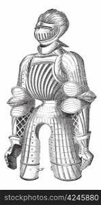 Old engraved illustration of Maximilian armor at the Paris Museum of Artillery, isolated on a white background. Industrial encyclopedia E.-O. Lami ? 1875.