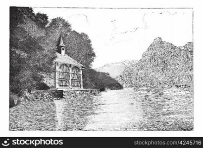 Old engraved illustration of the chapel of William Tell with Lake Lucerne in front. Dictionary of words and things - Larive and Fleury ? 1895