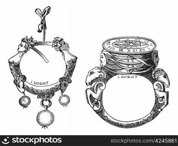 Old engraved illustration of the earring and the ring of the sixteenth century from the collection of Pierre Woeiriot, isolated on a white background. Industrial encyclopedia E.-O. Lami - 1875.