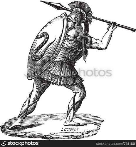 Old engraved illustration of the Greek soldier with his armor. Industrial encyclopedia E.-O. Lami ? 1875.