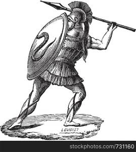 Old engraved illustration of the Greek soldier with his armor. Industrial encyclopedia E.-O. Lami ? 1875.