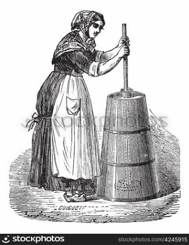 Old engraved illustration of Woman churning butter with ordinary plunger. Industrial encyclopedia E.-O. Lami - 1875.