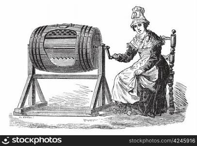 Old engraved illustration of Woman using barrel churn for making butter. Industrial encyclopedia E.-O. Lami - 1875.