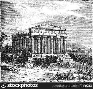 Old engraving of the Temple of Concord, Templum Concordiae, in Agrigente, Rome, Italy. Vintage engraved illustration of the temple dedicated to the goddess Concordia.