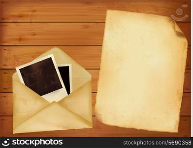Old envelope with photos and old paper on wooden background. Vector