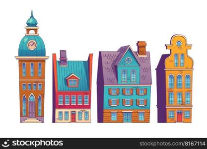 Old european buildings, city houses and church. Scandinavian street architecture, exterior of sweden or danish buildings isolated on white background, vector illustration in contemporary style. Old european buildings, city houses and church