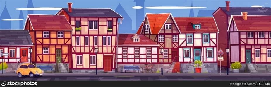 Old European city street with traditional buildings. Vector cartoon illustration of neighborhood with traditional German half-timbered houses, yellow retro car on road, bicycle parked near bench. Old European city street with traditional buildings