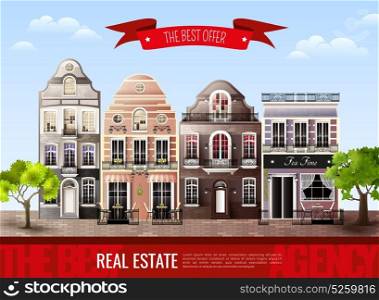 Old European Houses Poster. Advertising poster with street from old european houses and green trees on blue sky background vector illustration