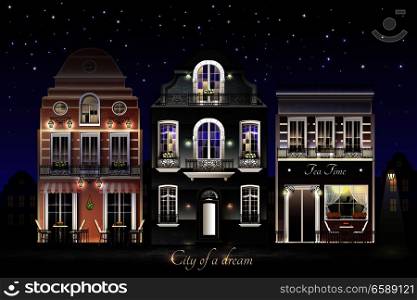 Old european illuminated facade of houses with flowers at balconies on background of starry sky vector illustration. Old European Houses Illustration