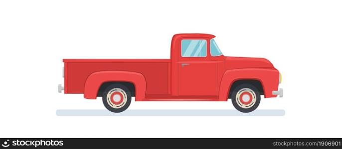 Old farmer red retro pickup truck isolated on white background. Vintage transport vehicle. Farming workhorse. Vector illustration in flat style. Old retro pickup truck