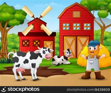 Old farmer with cows in the farm 