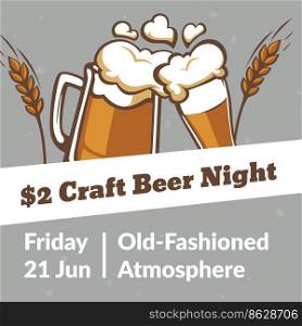 Old fashioned atmosphere at craft beer night. Meeting for alcoholic drinks lovers, tasting and brewing. Local shops support. Promotional banner, poster with advertisement. Vector in flat style. Craft beer night, old fashioned atmosphere label