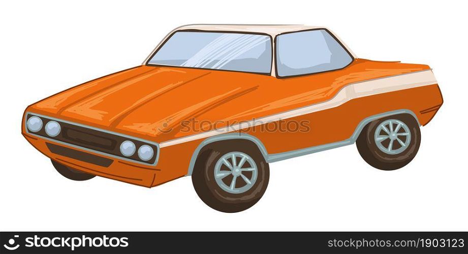 Old fashioned car designed in 1970s, isolated automobile of 70s years. Exclusive vehicle with strong engine. Expensive model of auto, expensive transport with rubber tires. Vector in flat style. Retro vintage car of 1970s, old school transport