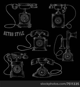 Old-fashioned chalk rotary dial telephones sketch icons with vintage table phones and caption Retro Style. Addition to communication, contact us or home appliance design. Retro rotary dial telephones chalk sketch icons