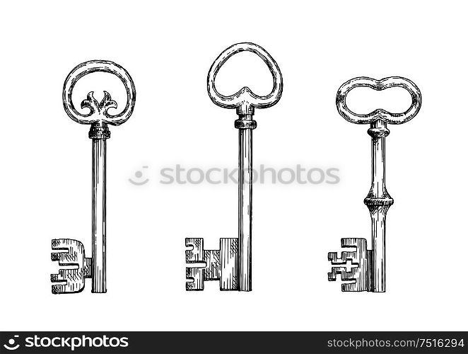 Old fashioned forged door keys sketches with heart shaped bows. Decorative skeleton keys in engraving style for vintage embellishment or medieval design. Vintage skeleton keys in engraving style