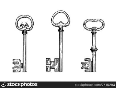 Old fashioned forged door keys sketches with heart shaped bows. Decorative skeleton keys in engraving style for vintage embellishment or medieval design. Vintage skeleton keys in engraving style