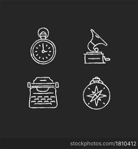 Old-fashioned items chalk white icons set on dark background. Antique pocket watch. Gramophone records. Vintage typewriter. Nautical instrument. Isolated vector chalkboard illustrations on black. Old-fashioned items chalk white icons set on dark background