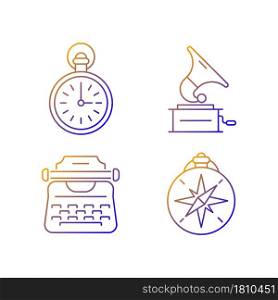 Old-fashioned items gradient linear vector icons set. Antique pocket watch. Gramophone records. Vintage typewriter. Thin line contour symbols bundle. Isolated outline illustrations collection. Old-fashioned items gradient linear vector icons set