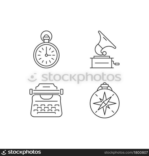 Old-fashioned items linear icons set. Antique pocket watch. Gramophone records. Vintage typewriter. Customizable thin line contour symbols. Isolated vector outline illustrations. Editable stroke. Old-fashioned items linear icons set