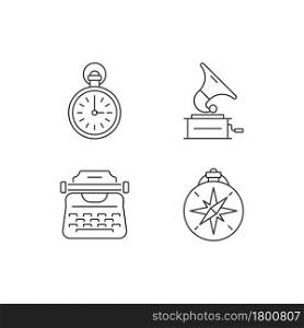 Old-fashioned items linear icons set. Antique pocket watch. Gramophone records. Vintage typewriter. Customizable thin line contour symbols. Isolated vector outline illustrations. Editable stroke. Old-fashioned items linear icons set