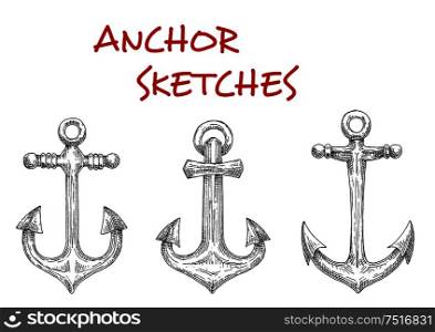 Old fashioned nautical anchors with decorative stock rods. Sketch style. Navy heraldic symbol, marine and adventure themes. Marine ship anchors isolated sketches
