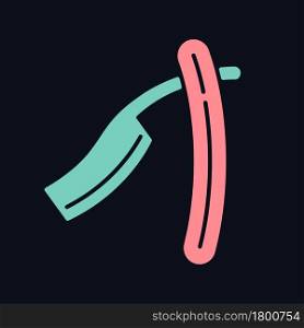 Old fashioned razor RGB color icon for dark theme. Bladed tool for body hair removal. Straight razor. Isolated vector illustration on night mode background. Simple filled line drawing on black. Old fashioned razor RGB color icon for dark theme