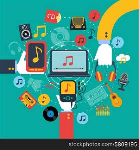Old fashioned retro music apps poster with 3 hands holding tablets and mobile phone abstract vector illustration. Music apps concept poster print