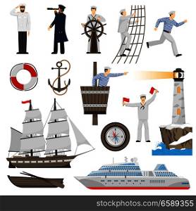 Old-fashioned sailing ship and modern cruise liner flat icons set with anchor helm compass vector illustration . Sailboat Vessel Attributes Icons Set